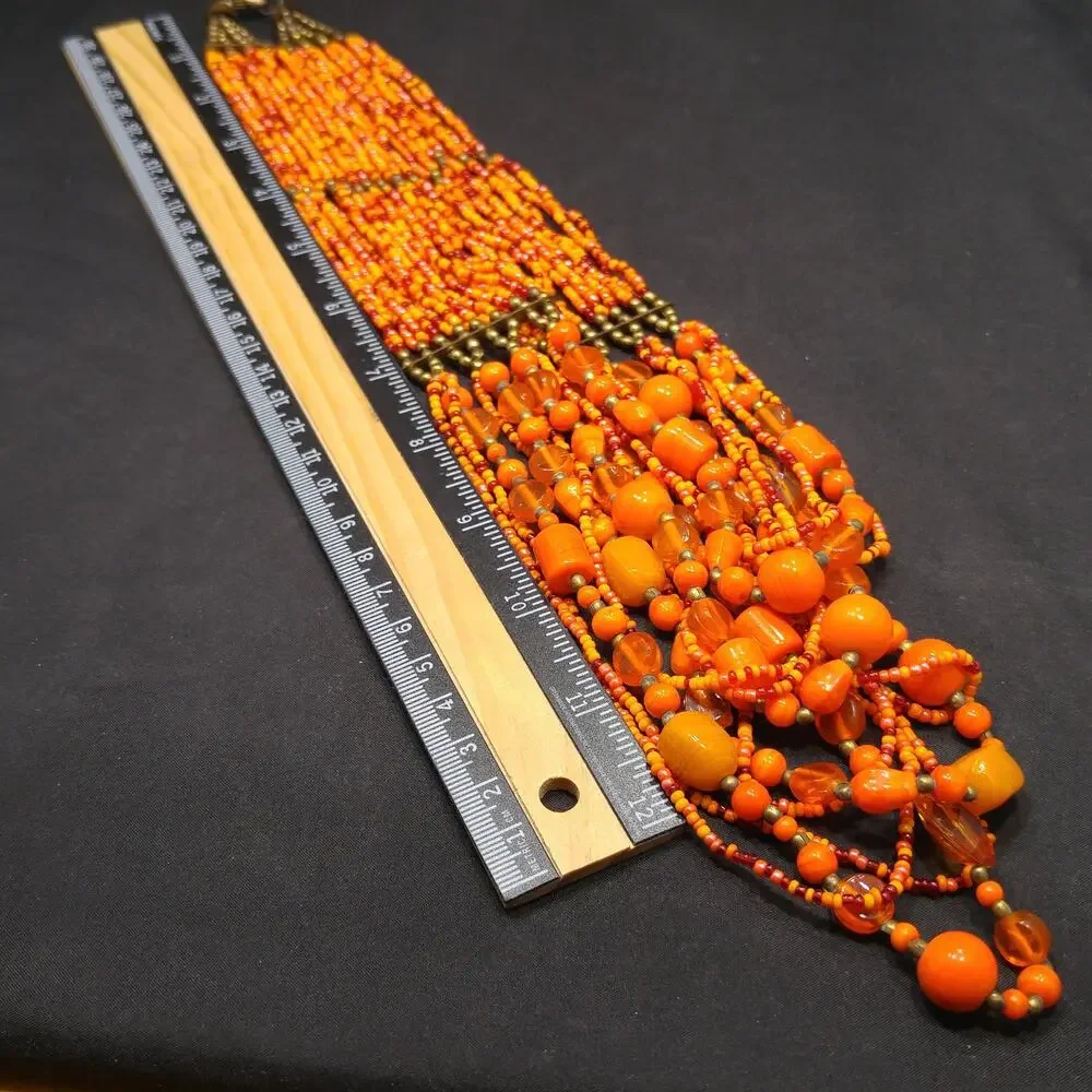 Vintage Czech Glass Bead Necklace, Orange Multistrand Boho Jewelry, 23 Inch